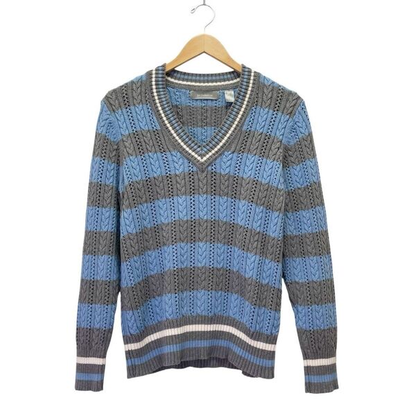 Liz Claiborne Cotton Cable Knit Sweater Size XL Blue Gray Stripe V-Neck VTG - Picture 6 of 12